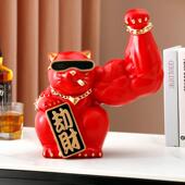 麒麟臂招财猫摆件肌肉手臂劫财猫红色店铺前台装 业礼 饰健身房开