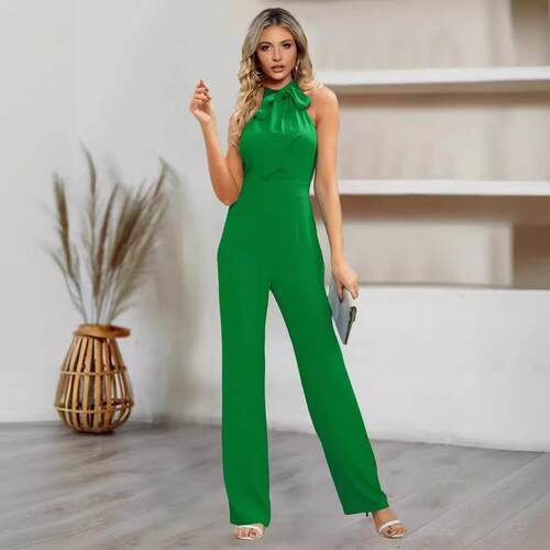 Jumpsuit sleeveless stand up collar straight leg