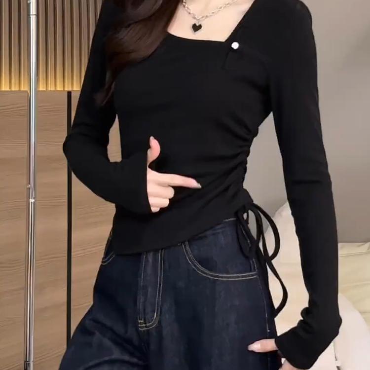 极速不规则抽绳长袖T恤女装秋季2026新款大码胖mm修身显瘦设计感