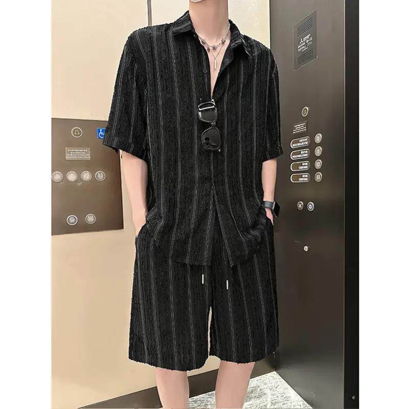 LL男装套装男夏季薄款痞帅风2025新款休闲宽松韩版轻奢透气潮衬衫