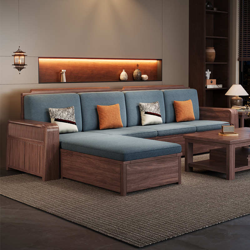 新款黑胡桃实木沙发组合客厅现代简约小户型冬夏两用客厅储物沙发