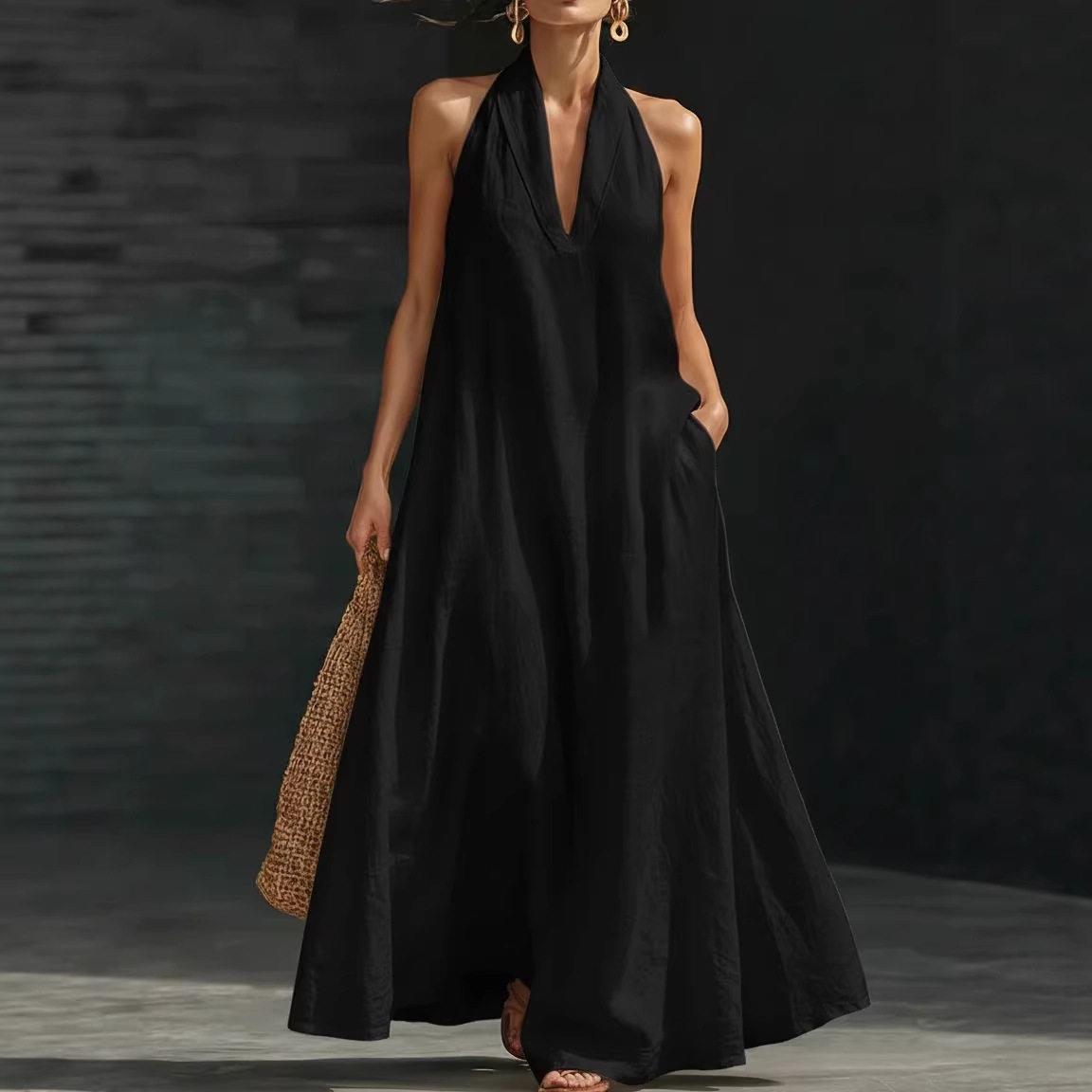 2026 Summer New Women Solid Color V Neck Casual Dress - 实物图