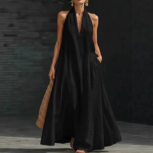 2026 Summer New Women Solid Color V Neck Casual Dress