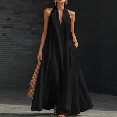 2026 Summer New Women Solid Color V Neck Casual Dress