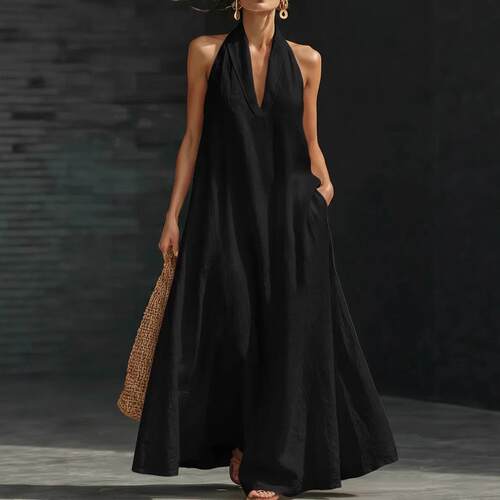 2026 Summer New Women Solid Color V Neck Casual Dress