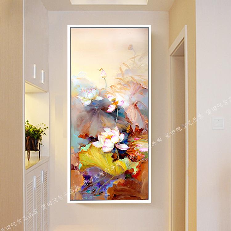手绘油画新中式客厅现代简约玄关装饰挂画厂家直销立体装饰画荷花