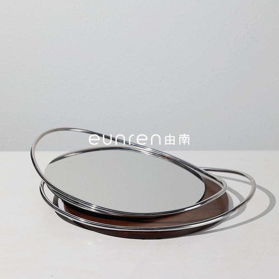 现代简约创意不锈钢圆底双弧把手托盘摆件家居客厅茶几装饰水果盘