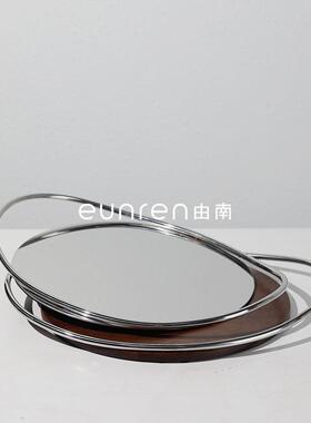 现代简约创意不锈钢圆底双弧把手托盘摆件家居客厅茶几装饰水果盘