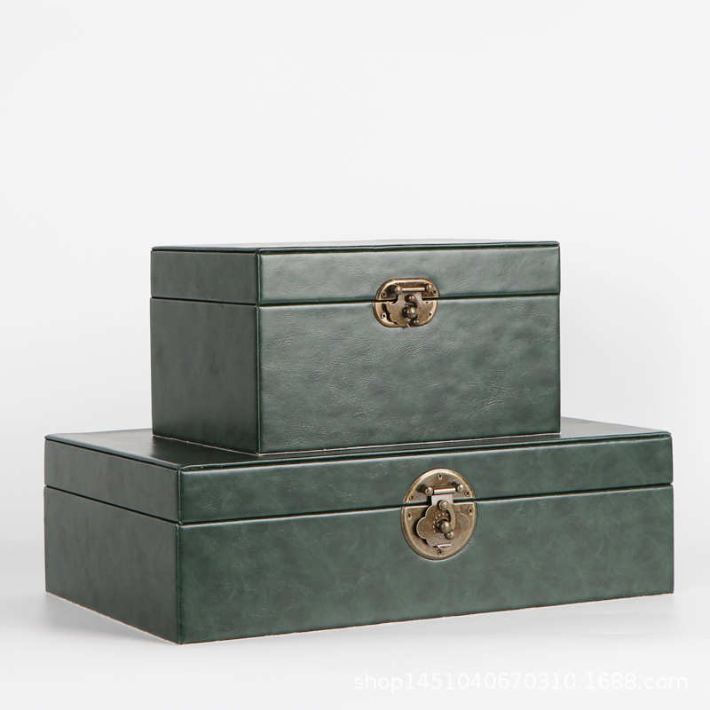 新中式木质收纳盒摆件样板房间书柜玄关绿色皮质装饰盒软装饰品