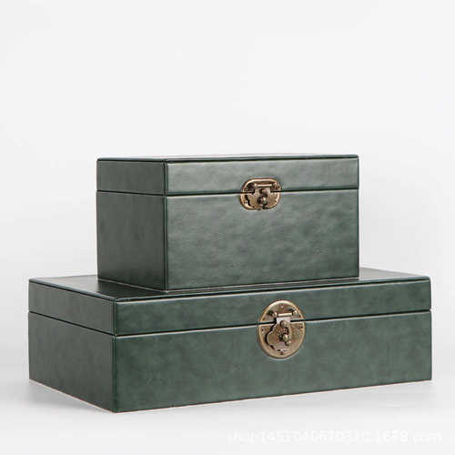 新中式木质收纳盒摆件样板房间书柜玄关绿色皮质装饰盒软装饰品