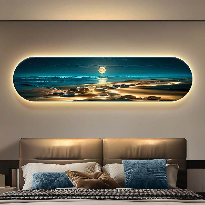 海浪房景卧室背墙装饰画北欧主人带间灯挂画月球床景头椭圆形壁画