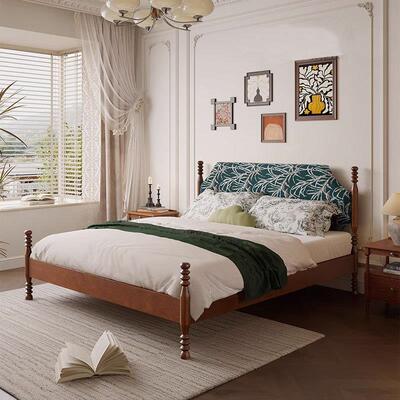 法式复古中古风全实木双人床主卧软包婚床榉木床板白蜡木床