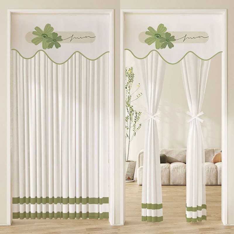 奶油风门帘免打孔防蚊夏季蕾丝网红纱帘家用卧室隔断遮挡空调挡风
