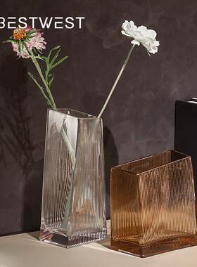 博西家现代几何梯居形楞明玻璃竖透花瓶摆件家居软装水培YYC花器