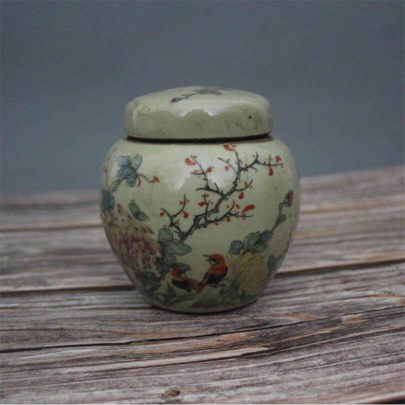 特价清同治粉彩花鸟茶叶罐景德镇仿古陶瓷家居装饰展柜摆件做旧