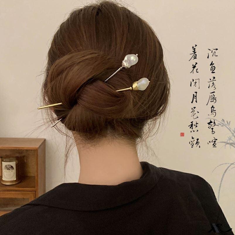 人鱼落泪~气质珍珠发簪高级感后脑勺丸子头盘发神器金属简约发钗