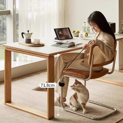 严选中古风莫比恩岩板实木餐桌轻法式奶油风饭桌设计师岛台用餐桌