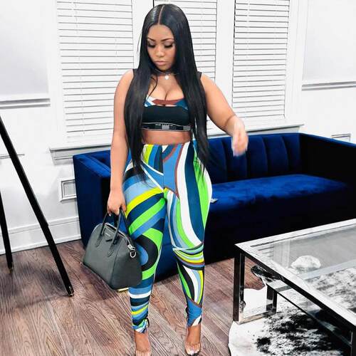 2Piece Set Womens Crop Top Colorful Pants Set Vivid Beach