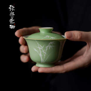 弥言留白手绘竹影盖碗手工陶瓷泡茶碗茶杯不烫手功夫茶具家用茶碗
