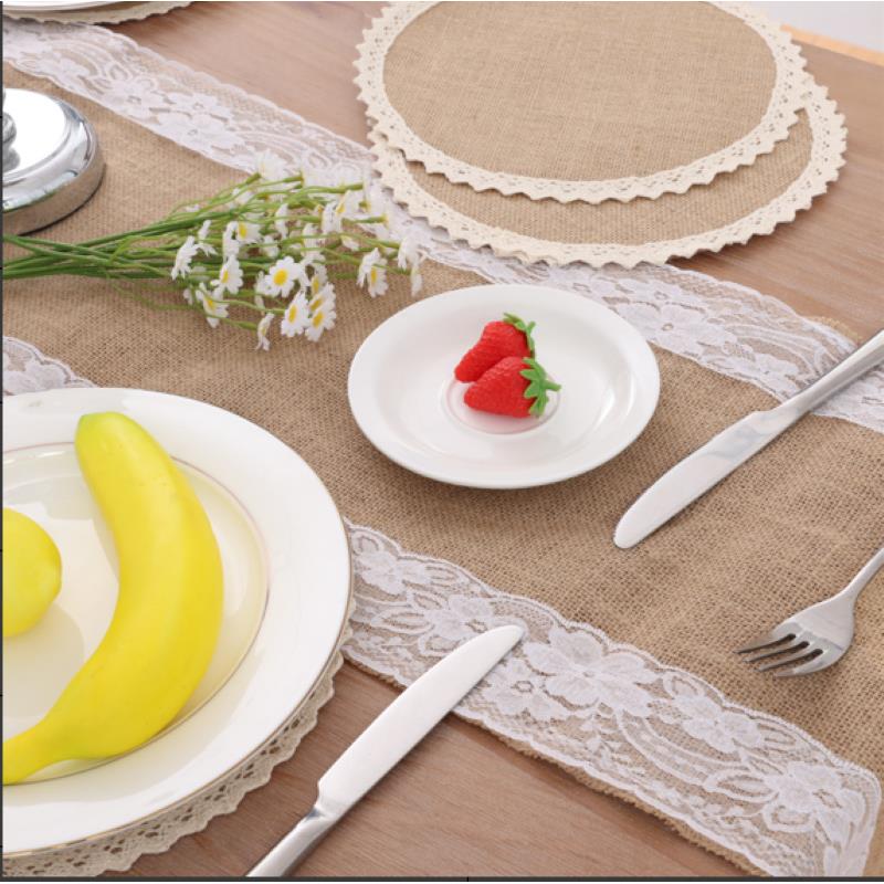 亚马逊黄麻蕾丝款1桌旗10餐垫桌面装饰婚礼节日派对桌旗餐垫
