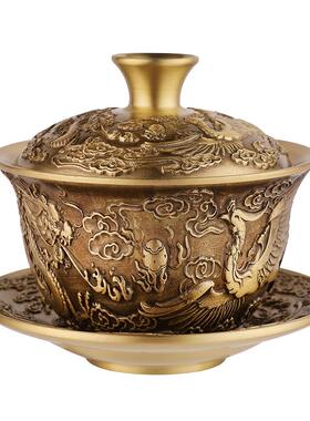 厂家三黄铜创意茶具龙凤呈祥碗式件套中茶杯供水碗铜工艺54456茶