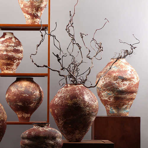 侘寂风复古陶瓷花瓶 设计师民宿创意插花装饰品 干花花器艺术摆件