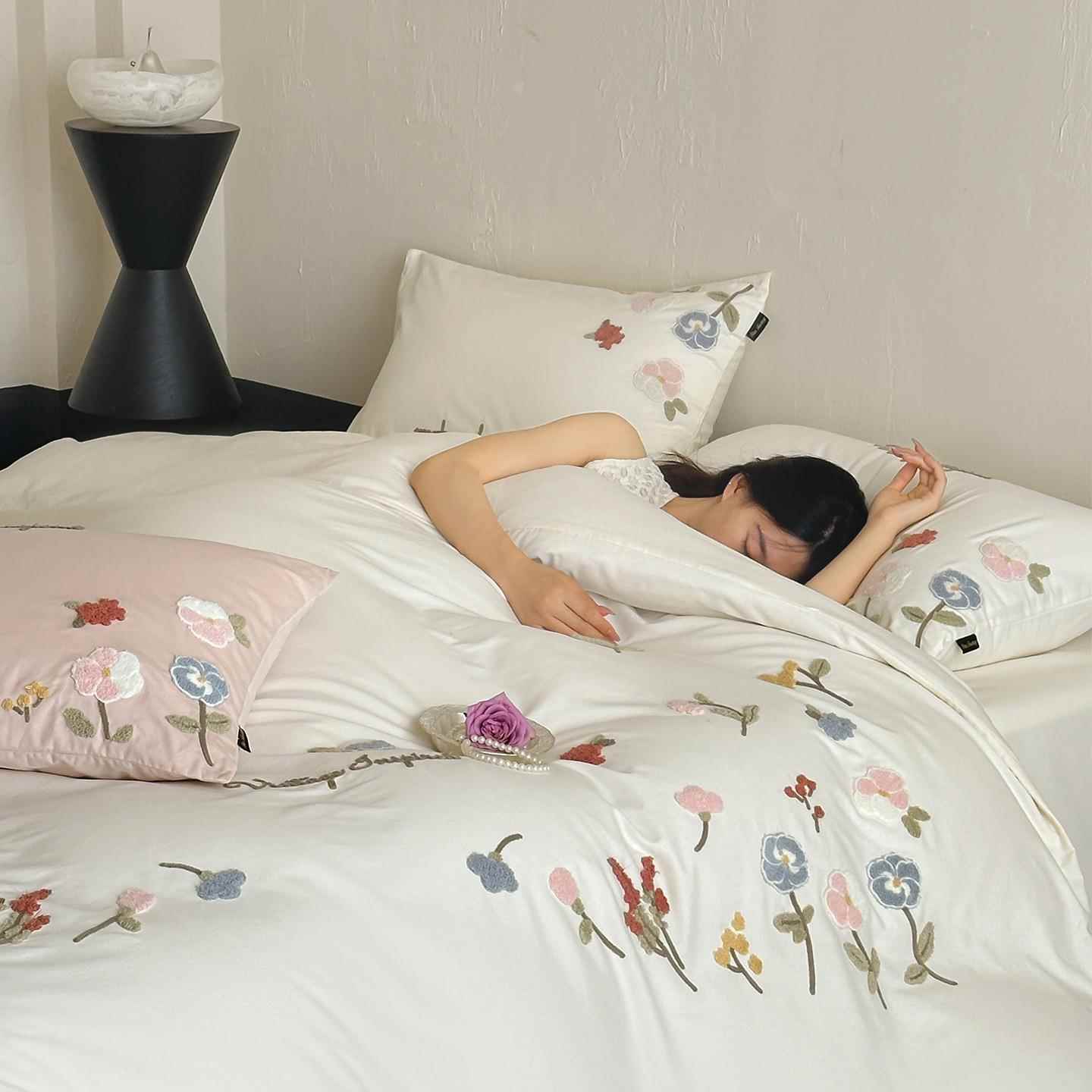 小清新田园风高端白色全棉长绒棉四件套四季款花朵毛巾绣少女床品