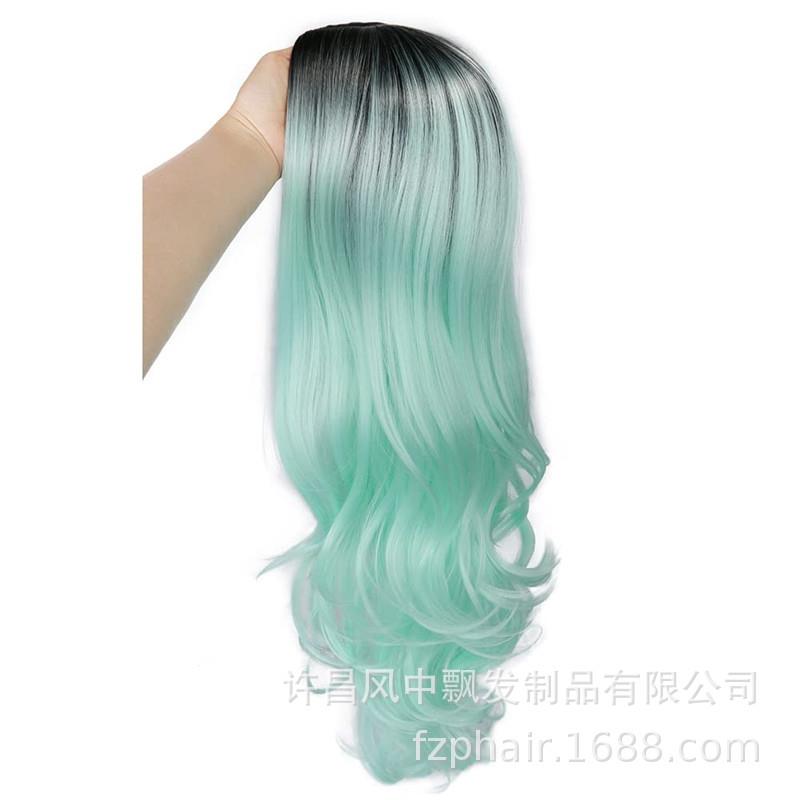 新款直销欧美网红假发女 黑薄荷绿长卷发中分全头套