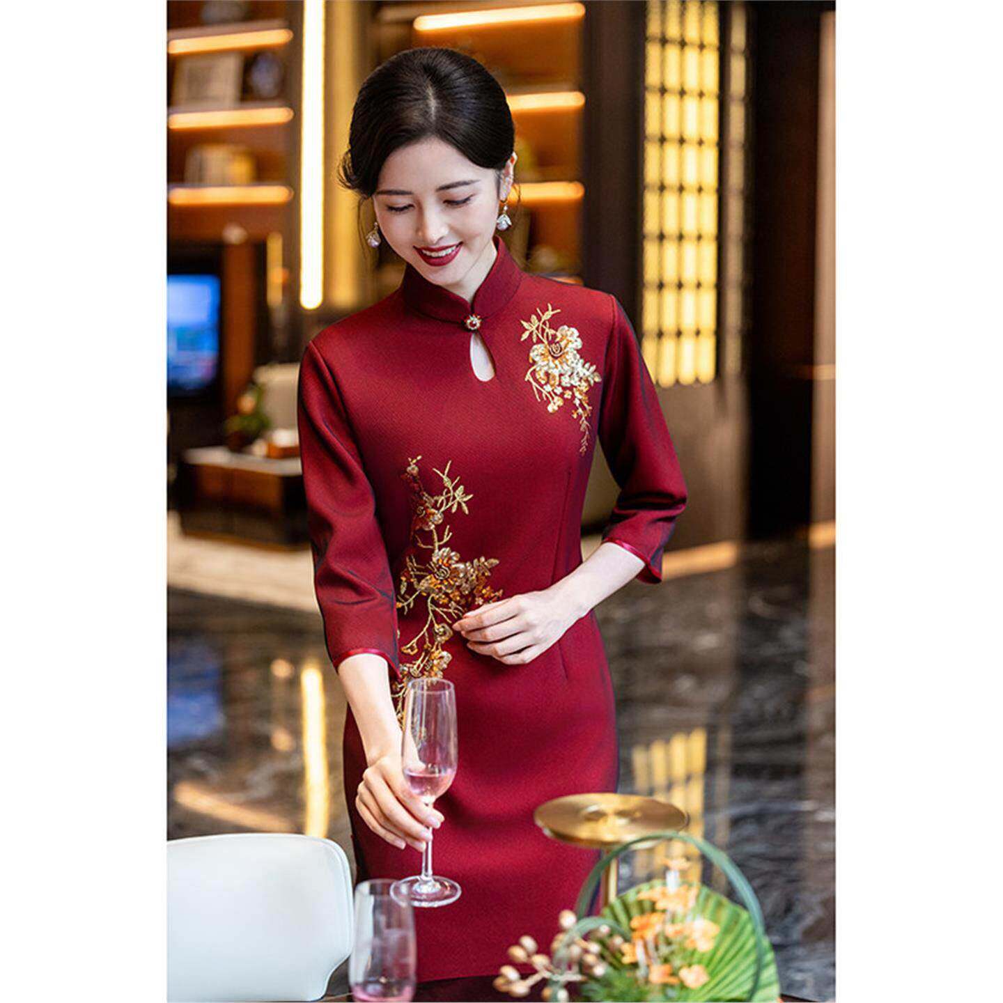 Ocnltiy结婚喜妈妈婚宴装新款礼服婆婆红色中式旗袍女方高贵冬装