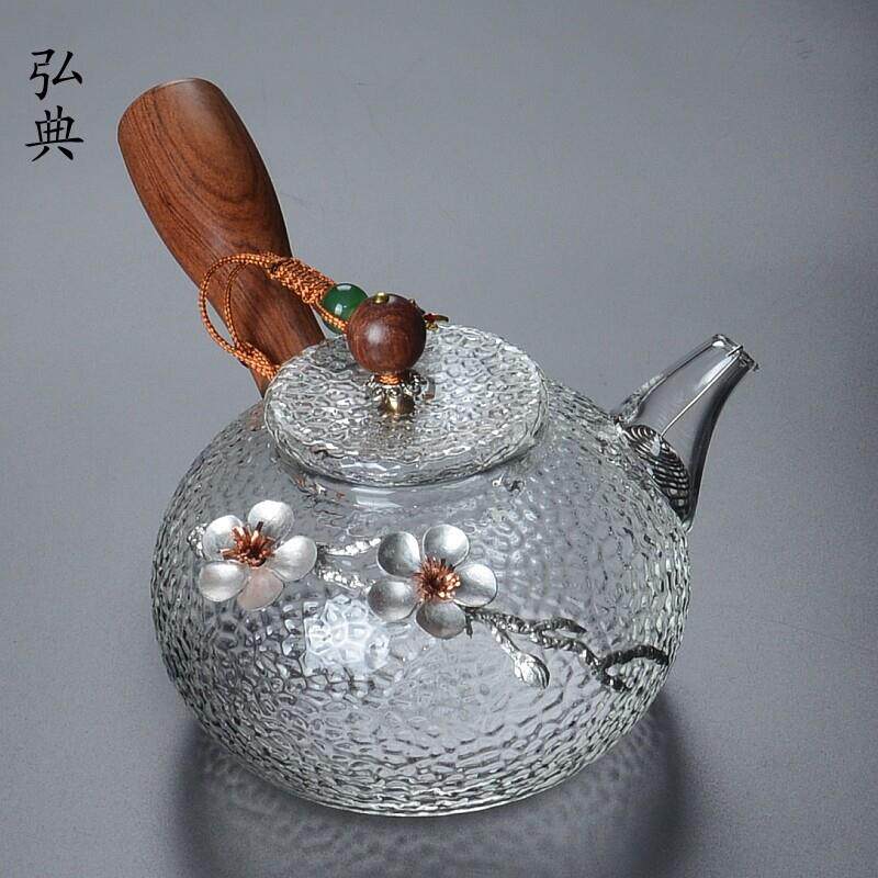 侧把玻璃泡茶壶镶锡梅花耐高温家用煮茶壶黑晶炉专用耐热茶壶