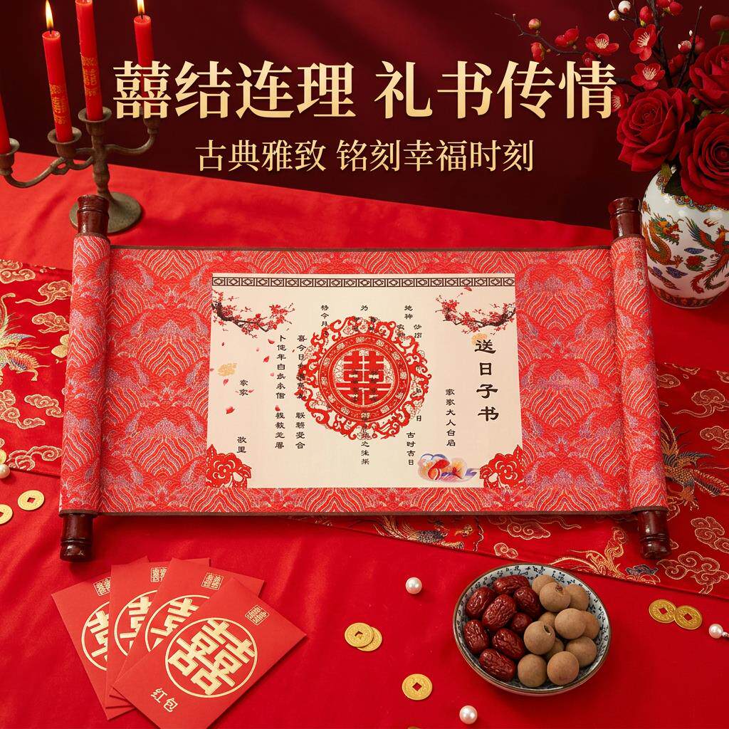 中式订婚书婚书卷轴结婚手卷中国风手写送日子书古风定婚书下聘书