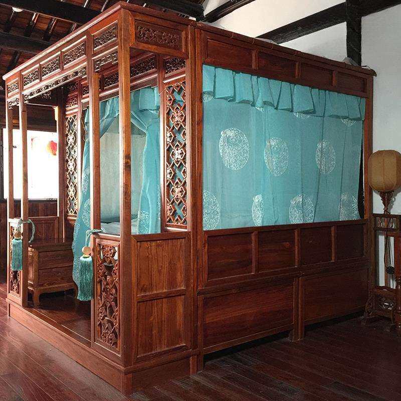 博帏中式蚊帐仿古典拔步床月洞床湖蓝松鹤延年整体绣花款床幔