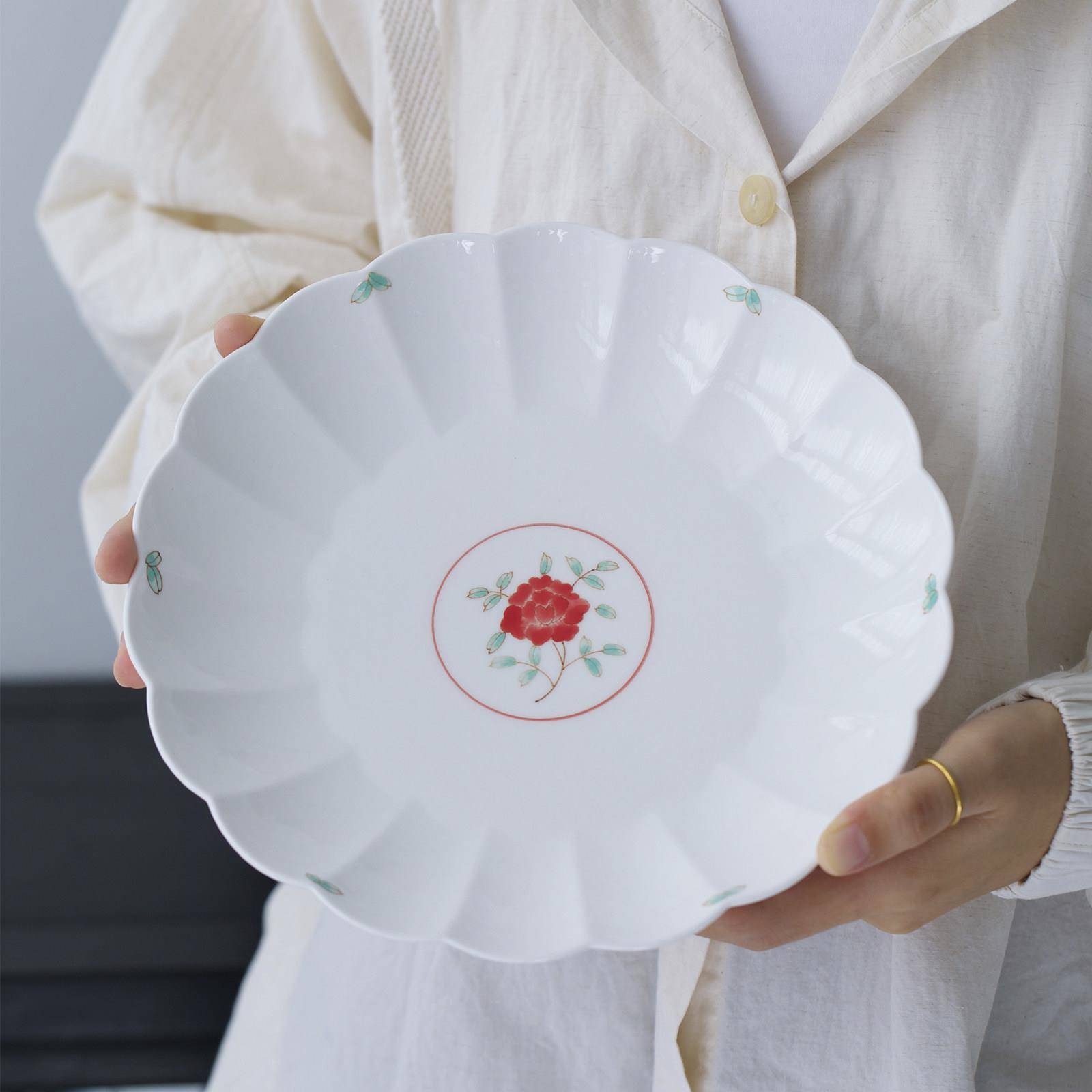 曼叙盘子盘子家用釉下彩餐盘家用高级感陶瓷餐具手绘菊瓣盘圆形盘