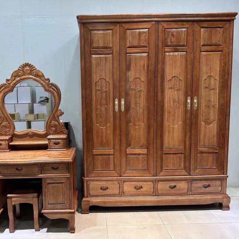 菠萝格木四花门全实木衣柜家209卧六室对开门古用典雕门中式大衣