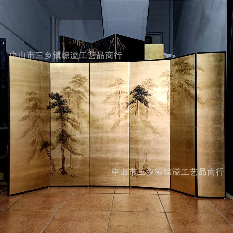 新中式会议厅待客厅酒店大堂背景隔断可移动折屏金箔屏风手绘松树