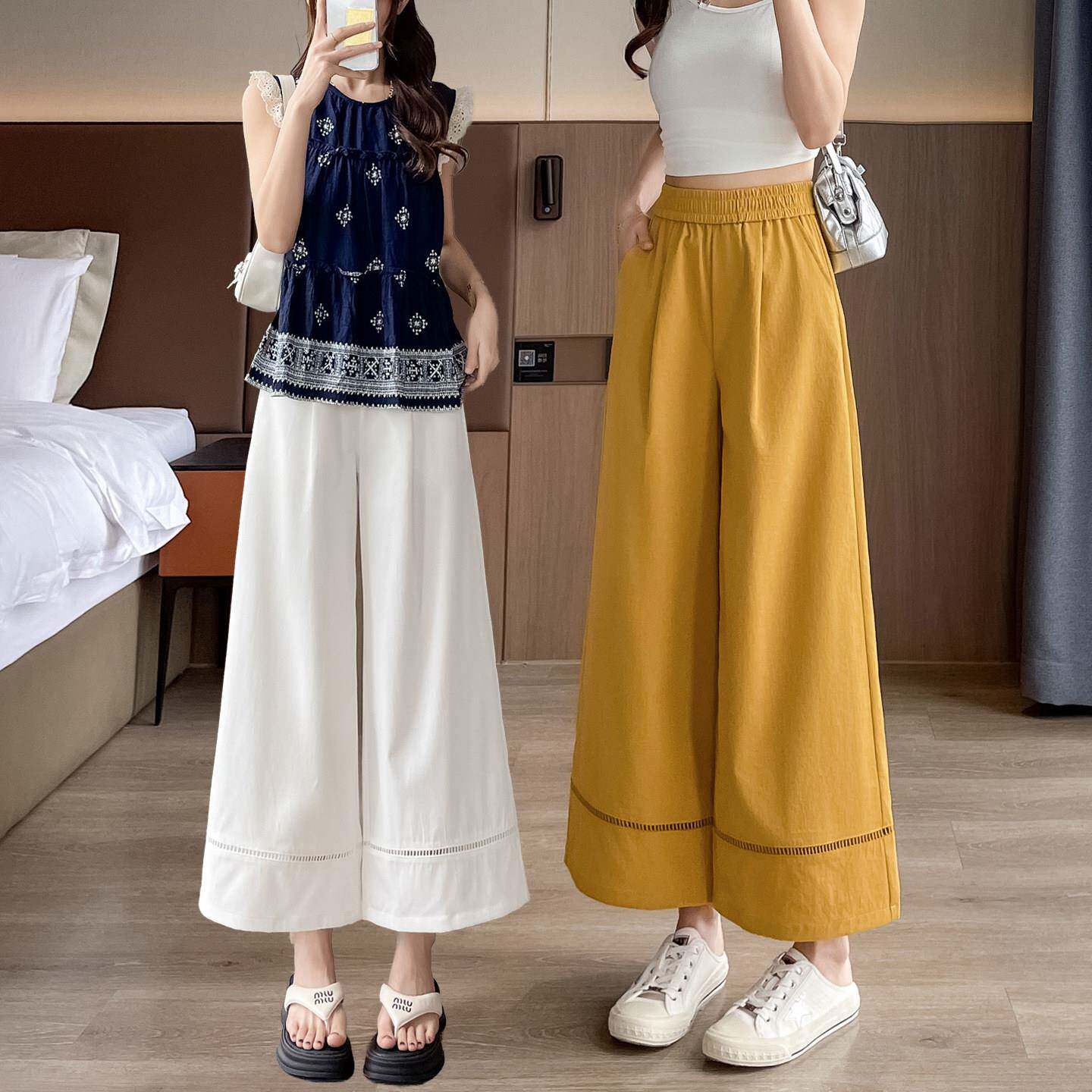 小个子冰丝阔腿裤女宽松夏季薄款九分休闲裤高腰垂感八分直筒裤子