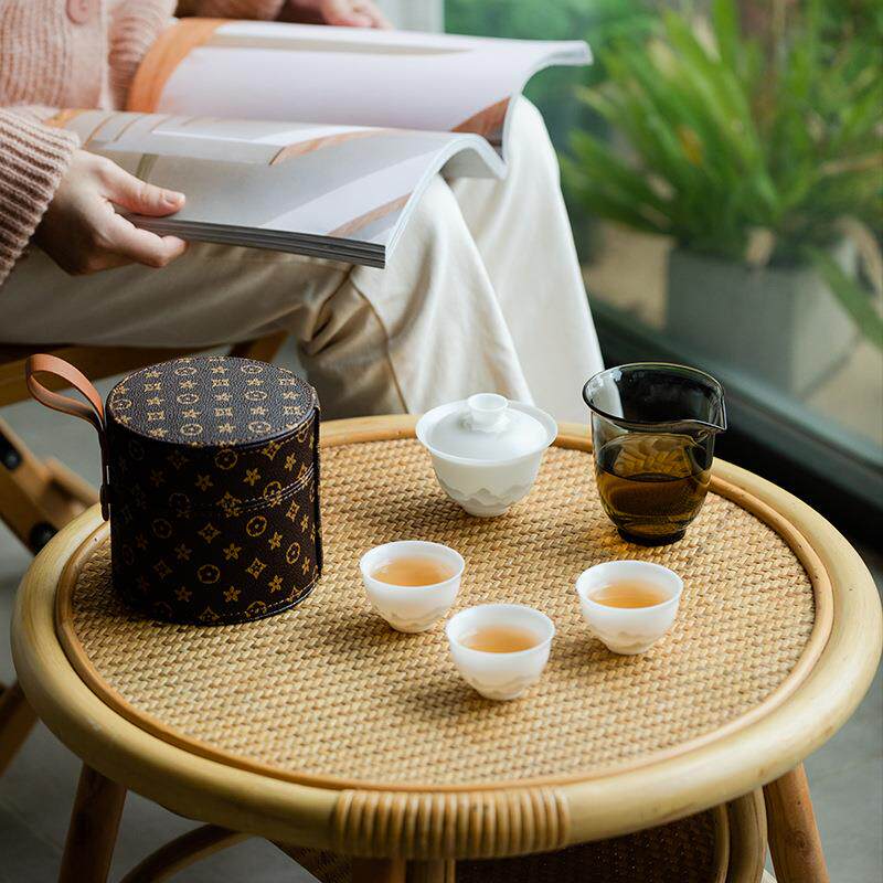 冰种玉瓷一壶三杯旅行茶具水墨远山功夫泡茶碗户外便携快客皮包装