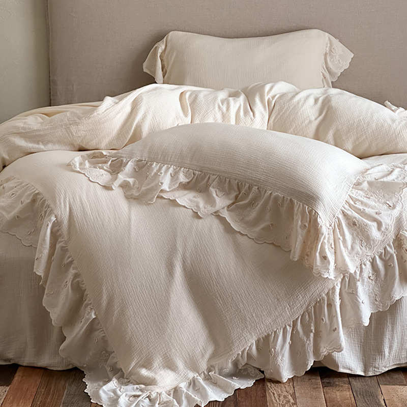 蕾丝感刺绣立体花朵复古四被套双层皱床上用品棉法式纯色全纱件套