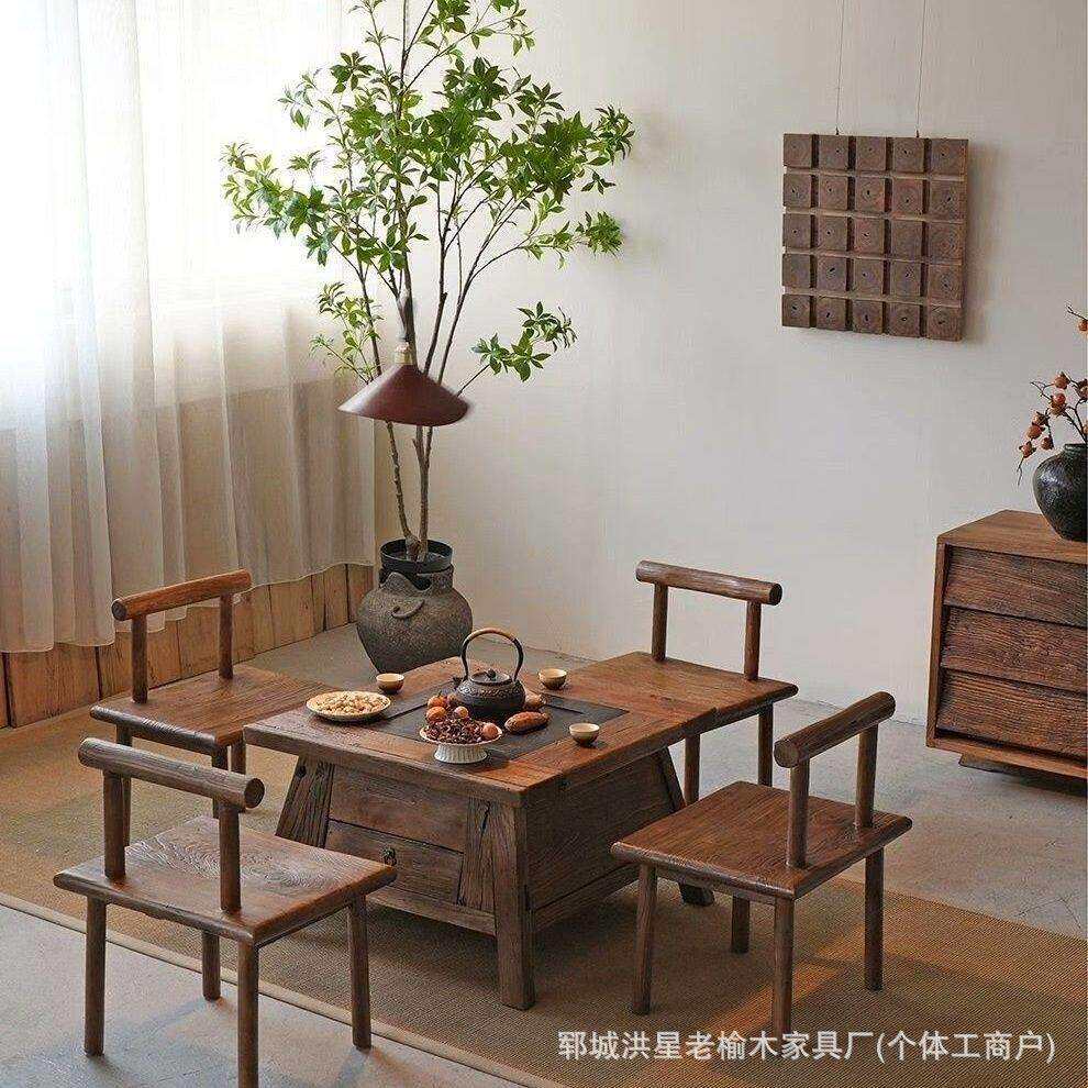 老榆木实木复古茶桌茶台派对聚会围炉煮茶桌仿古多人火锅桌餐桌