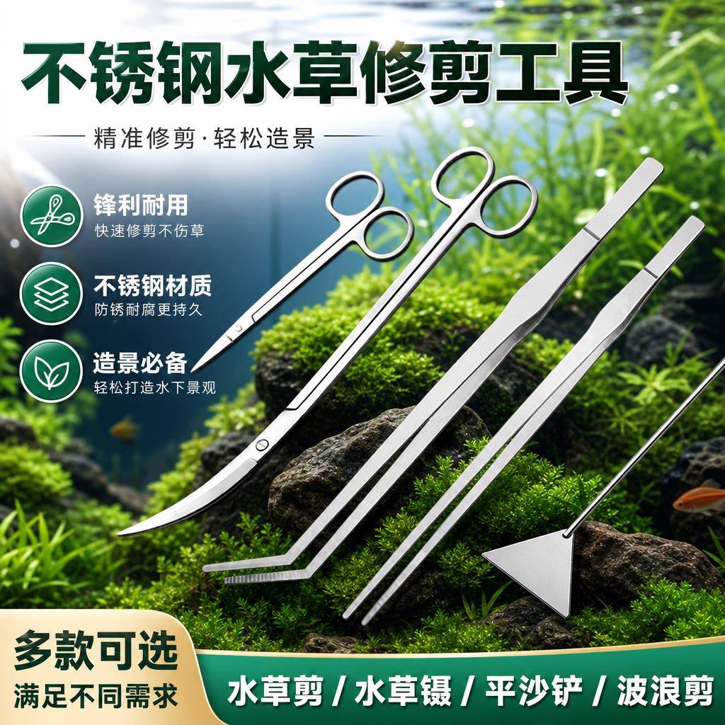 鱼缸造景工具套装 不锈钢水草镊子剪刀平沙铲刮藻刀 爬宠喂食工具