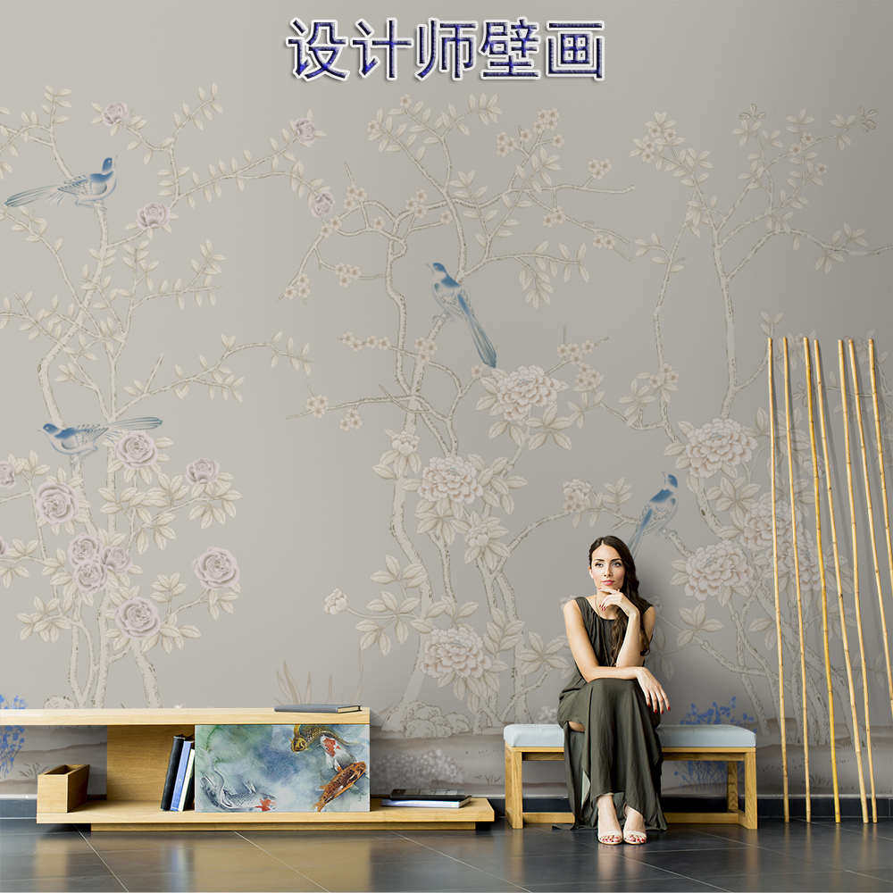 新中式花鸟壁纸客厅电视背景墙纸卧室床头墙壁布法式别墅餐厅墙布