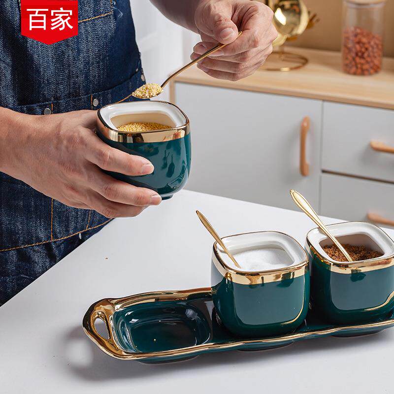 陶瓷味料罐调全套方形调味家用商用调味盒调料罐盐罐糖罐调盒套装