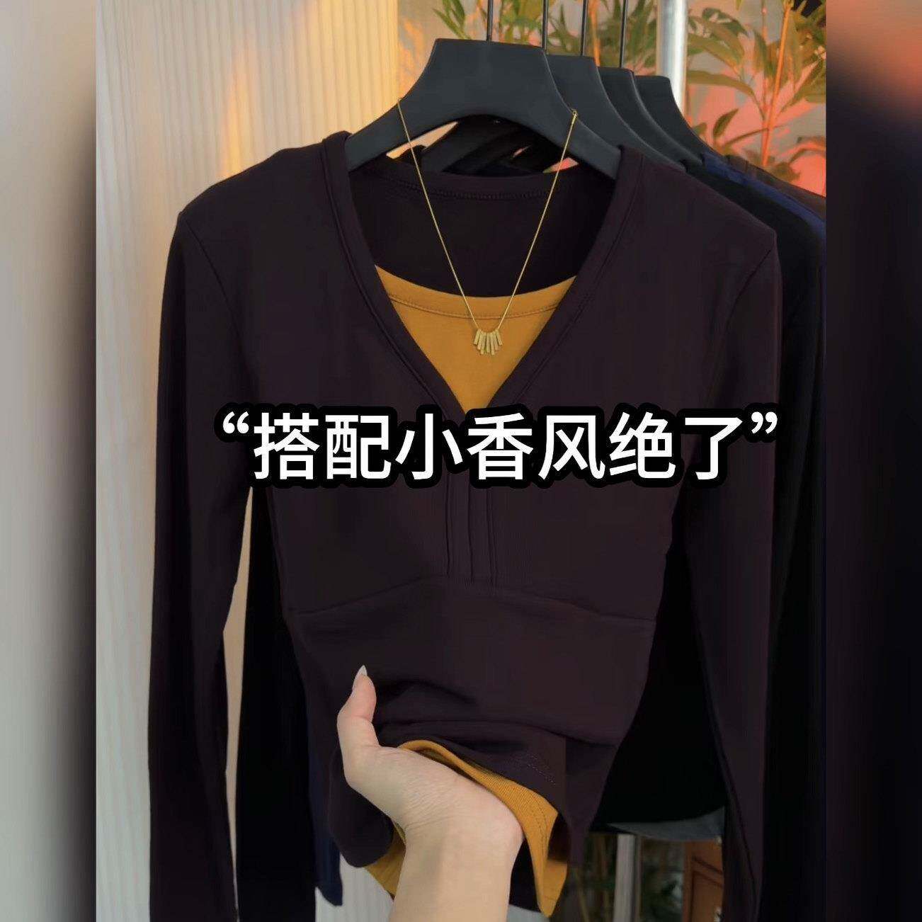 上衣酱紫色撞色拼接假两件磨毛内搭T恤女秋冬感洋气显瘦打底1017d