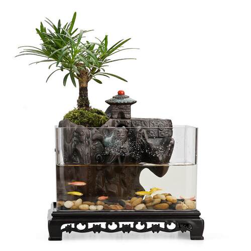 创意小型鱼缸造景假山真植物全套客厅流水摆件循环水景观家居饰品