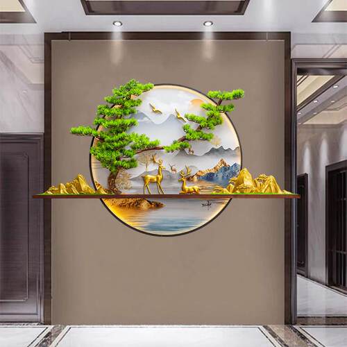 新中式玄关3d立体迎客松晶瓷画创意茶室墙面发光装饰画带LED灯