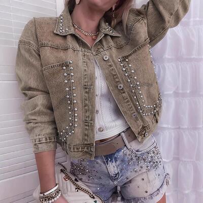 Womens Retro Distressed Rivet Denim Short Jacket Short Loose