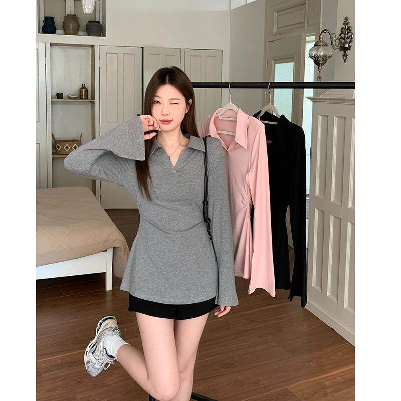 小吉家大码女装春装新款胖mm收腰显瘦v领设计感喇叭袖T恤长袖上衣