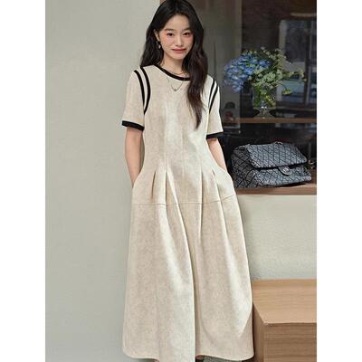 灰色短袖拼接撞色设计感连衣裙女微胖修身独特时尚裙子小个子长裙