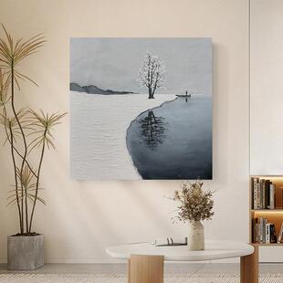 高级感黑白雪景手绘油画侘寂风风景装饰画客厅挂画玄关立体肌理画
