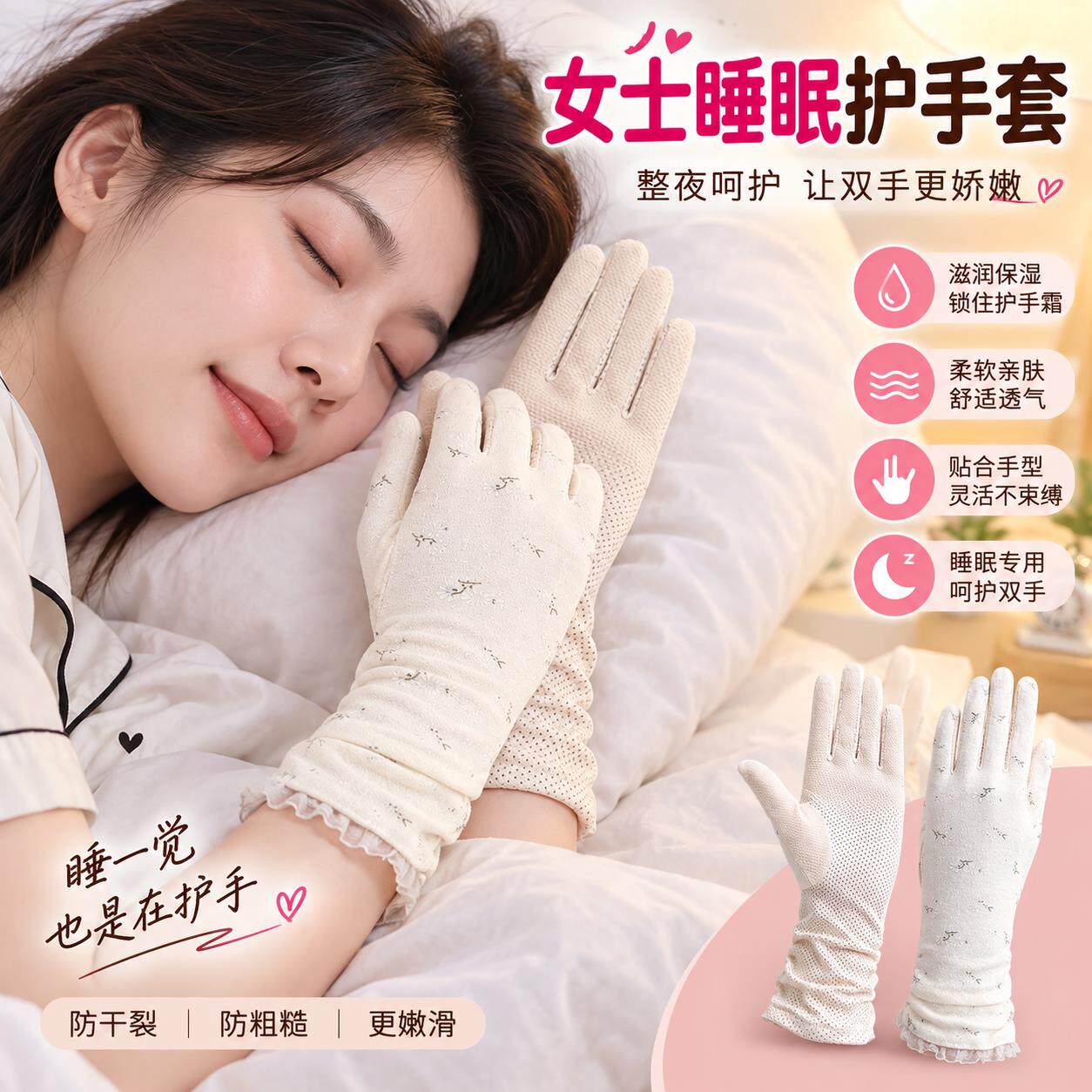 女士睡眠护手手套睡觉专用夜间涂抹护手霜保湿保养防干裂手部护理